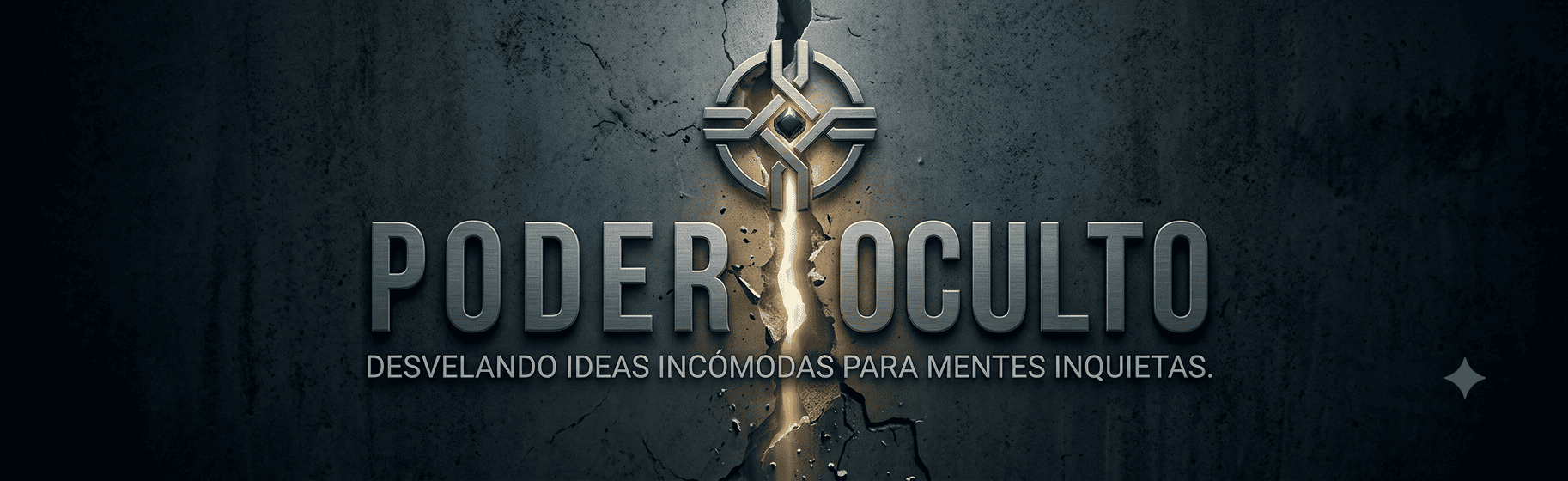 Logo de Poder Oculto sobre un fondo de piedra oscura agrietada con luz dorada de fondo