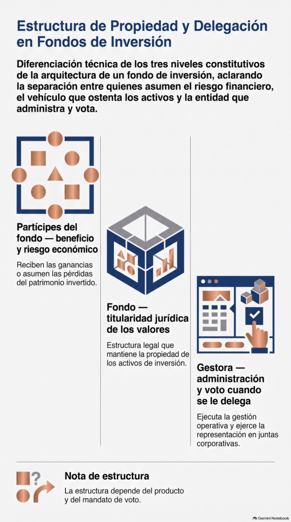 Infografía sobre partícipes, fondos y gestoras en el voto corporativo.