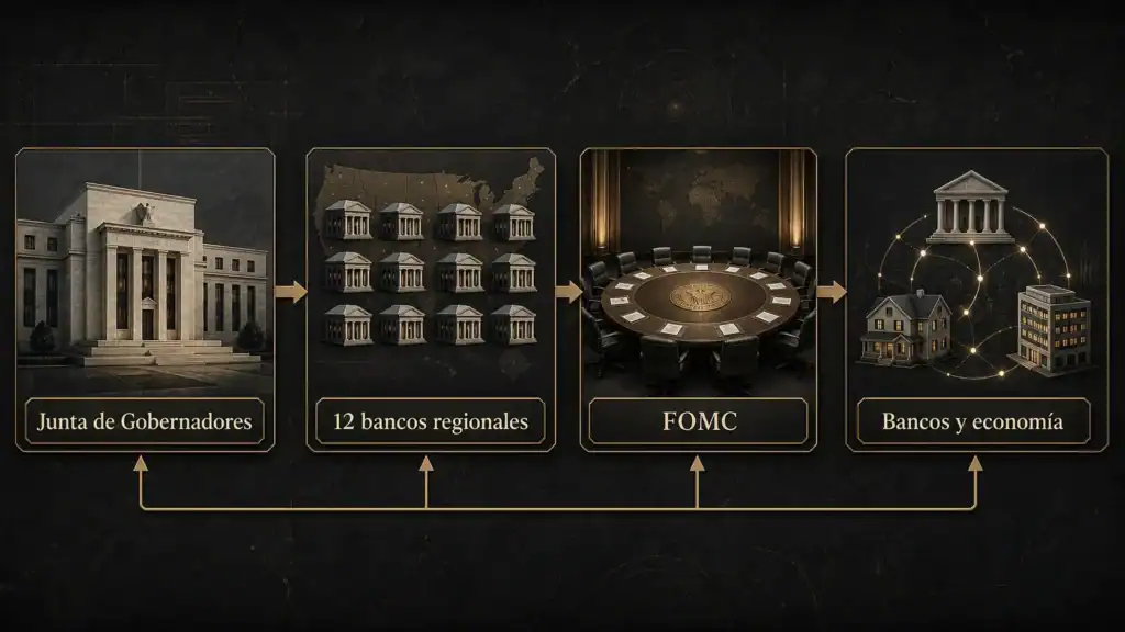 Estructura de la Reserva Federal con la Junta de Gobernadores, los doce bancos regionales, el FOMC y su conexión con bancos y economía