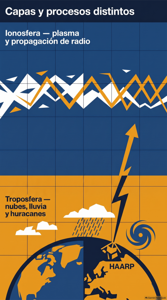 Infografía que diferencia la troposfera de la ionosfera en relación con HAARP.