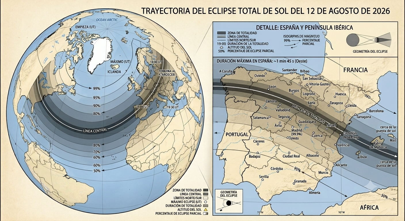 Mapamundi con una banda curva marcando la zona de totalidad sobre el norte de España.