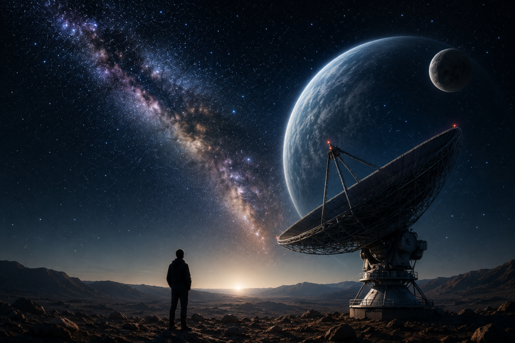 Radiotelescopio observando el cielo nocturno en una ilustración sobre la paradoja de Fermi y la búsqueda de vida extraterrestre.