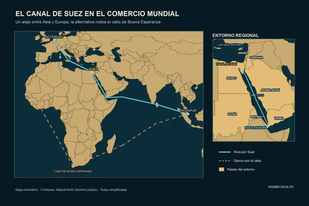 Canal de Suez visto desde el aire con un portacontenedores entre el desierto y el agua