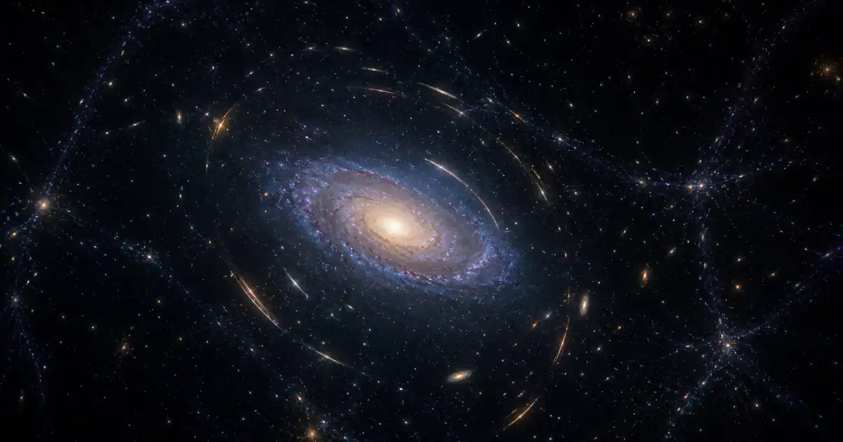 Materia oscura rodeando una galaxia y deformando la luz de objetos lejanos
