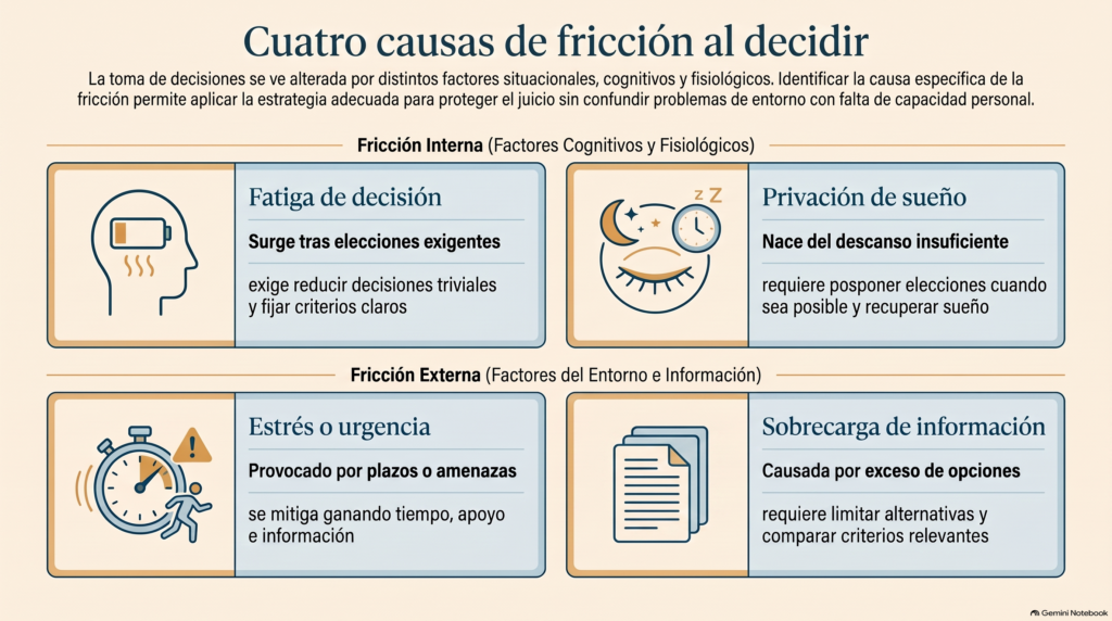 Diagrama que diferencia fatiga de decisión, falta de sueño, estrés y sobrecarga de información.