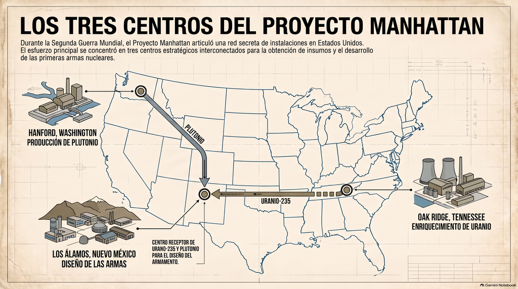 Mapa de los tres centros del Proyecto Manhattan: Oak Ridge, Hanford y Los Álamos