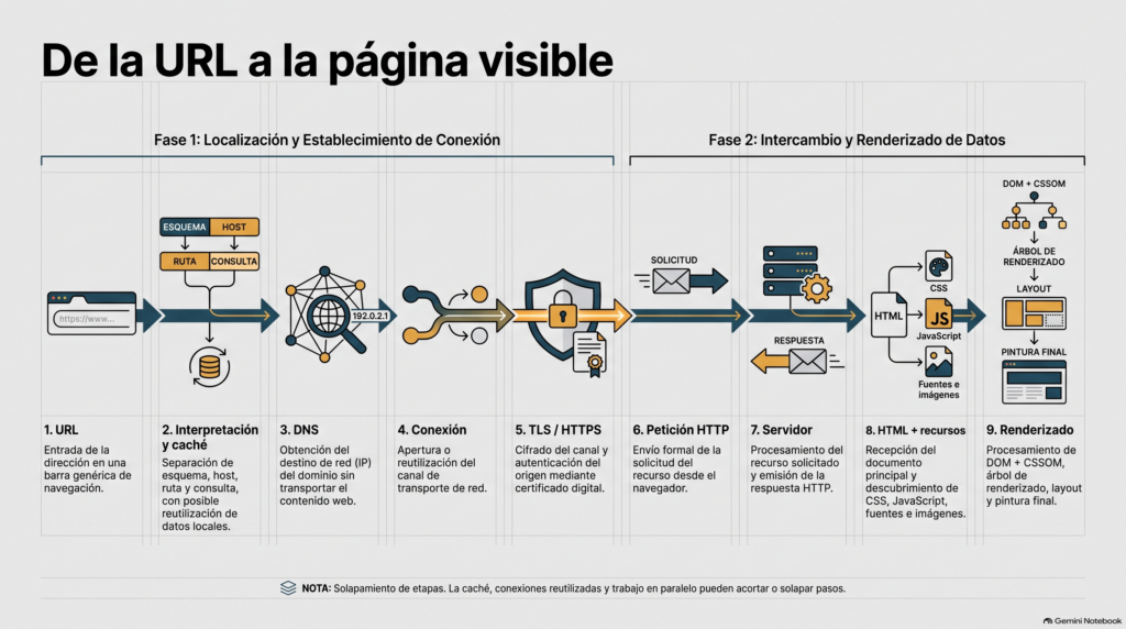 Infografía del proceso desde escribir una URL hasta el renderizado de la página.