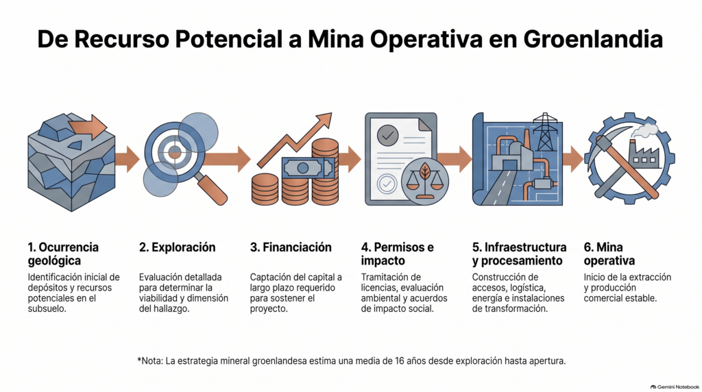 Infografía con las etapas desde un recurso mineral hasta una mina operativa en Groenlandia.