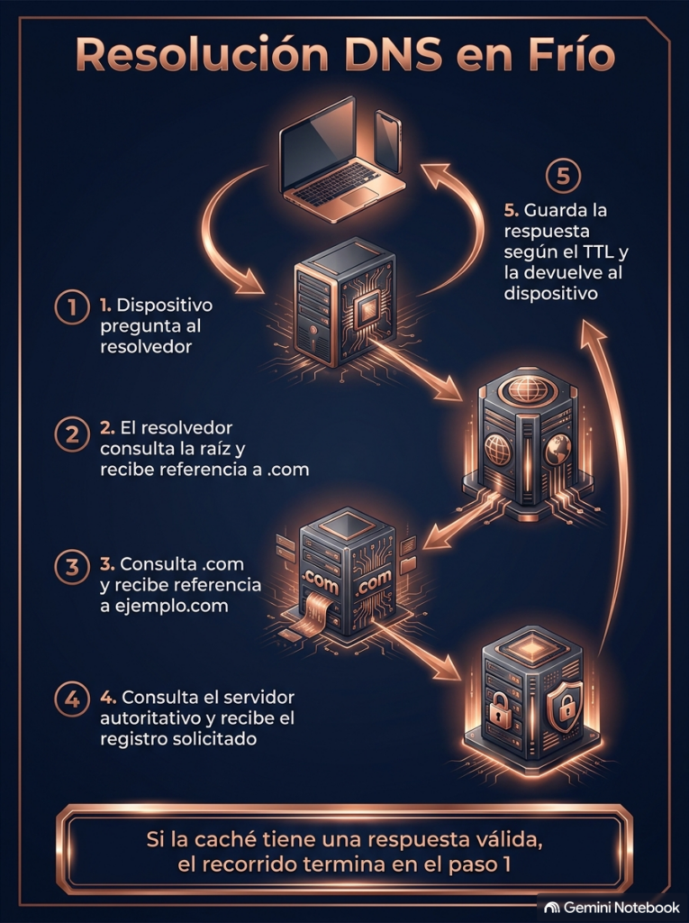 Pasos de una resolución DNS desde el dispositivo hasta el servidor autoritativo.