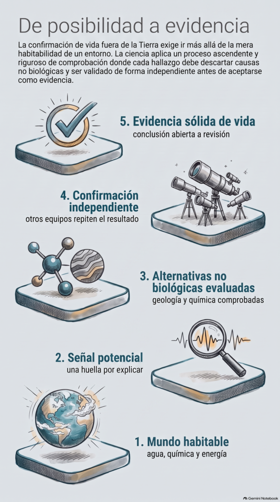 Escalera de evidencia desde un mundo habitable hasta una confirmación científica de vida.