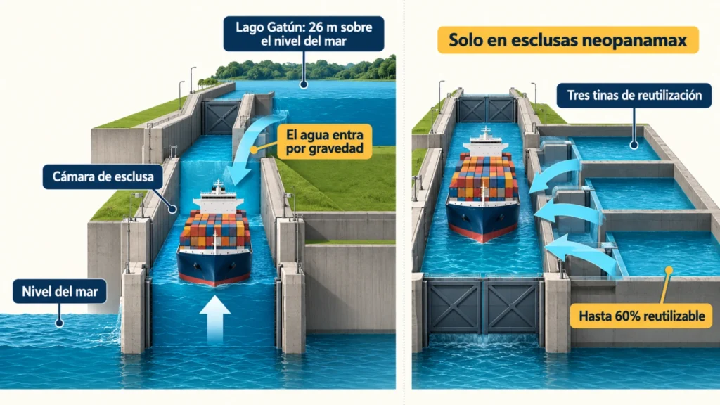 Esquema de una esclusa que eleva un buque hasta el lago Gatún y muestra las tinas de ahorro de agua neopanamax.