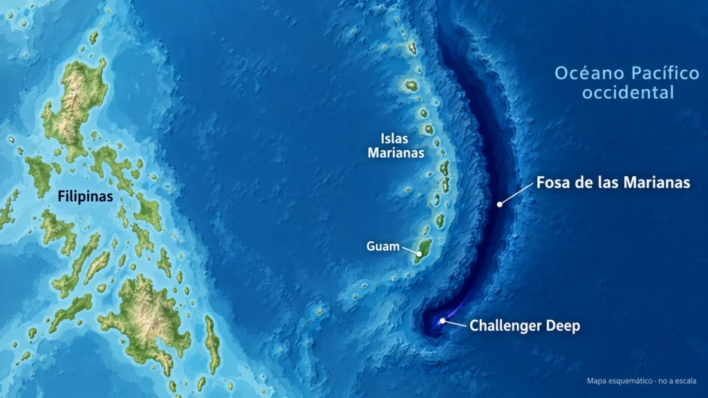 Mapa esquemático del Pacífico occidental con Filipinas, las islas Marianas, Guam, la Fosa de las Marianas y Challenger Deep.